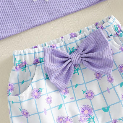 Lilac Ribbed Bow Crop Top & Floral Print Skirt Set