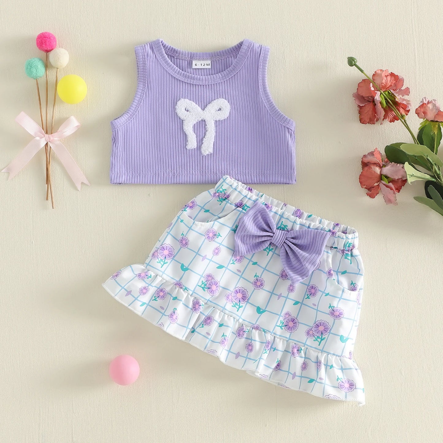 Lilac Ribbed Bow Crop Top & Floral Print Skirt Set