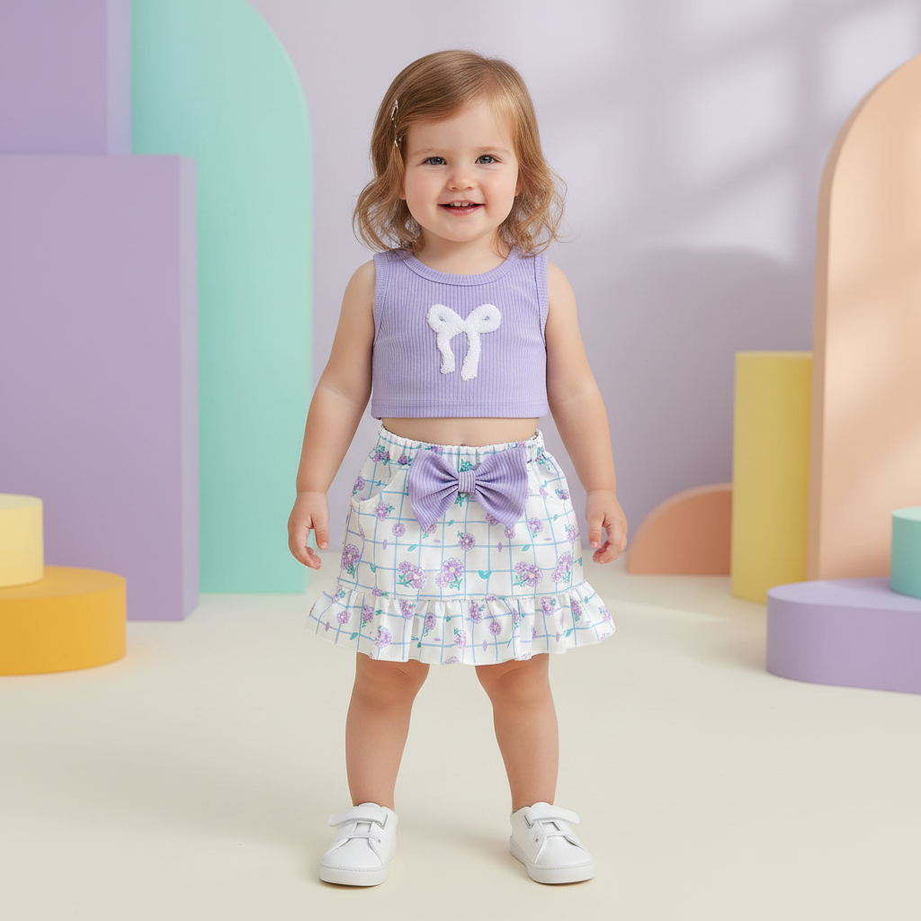Lilac Ribbed Bow Crop Top & Floral Print Skirt Set