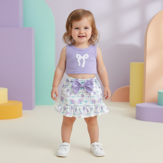 Lilac Ribbed Bow Crop Top & Floral Print Skirt Set
