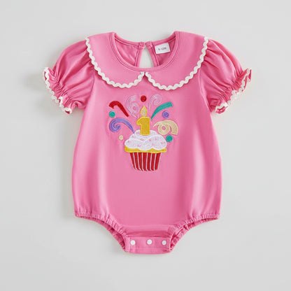 Cotton Pink Birthday Cupcake Romper With Ruffle Collar