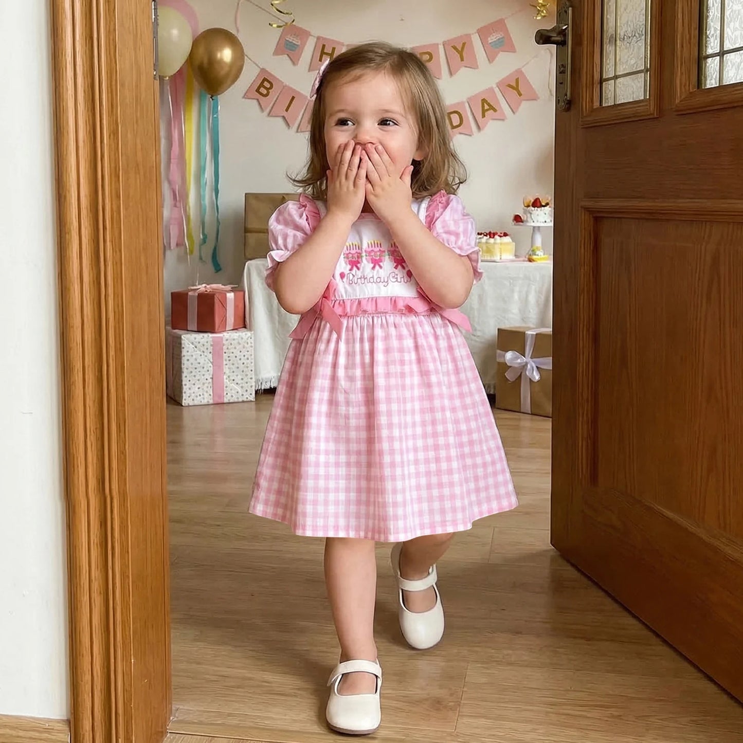 Pink Gingham Birthday Dress With Ruffles & Bows