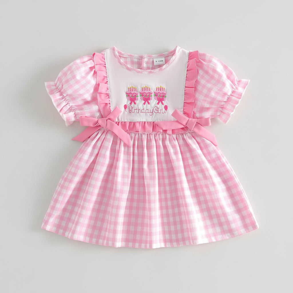 Pink Gingham Birthday Dress With Ruffles & Bows