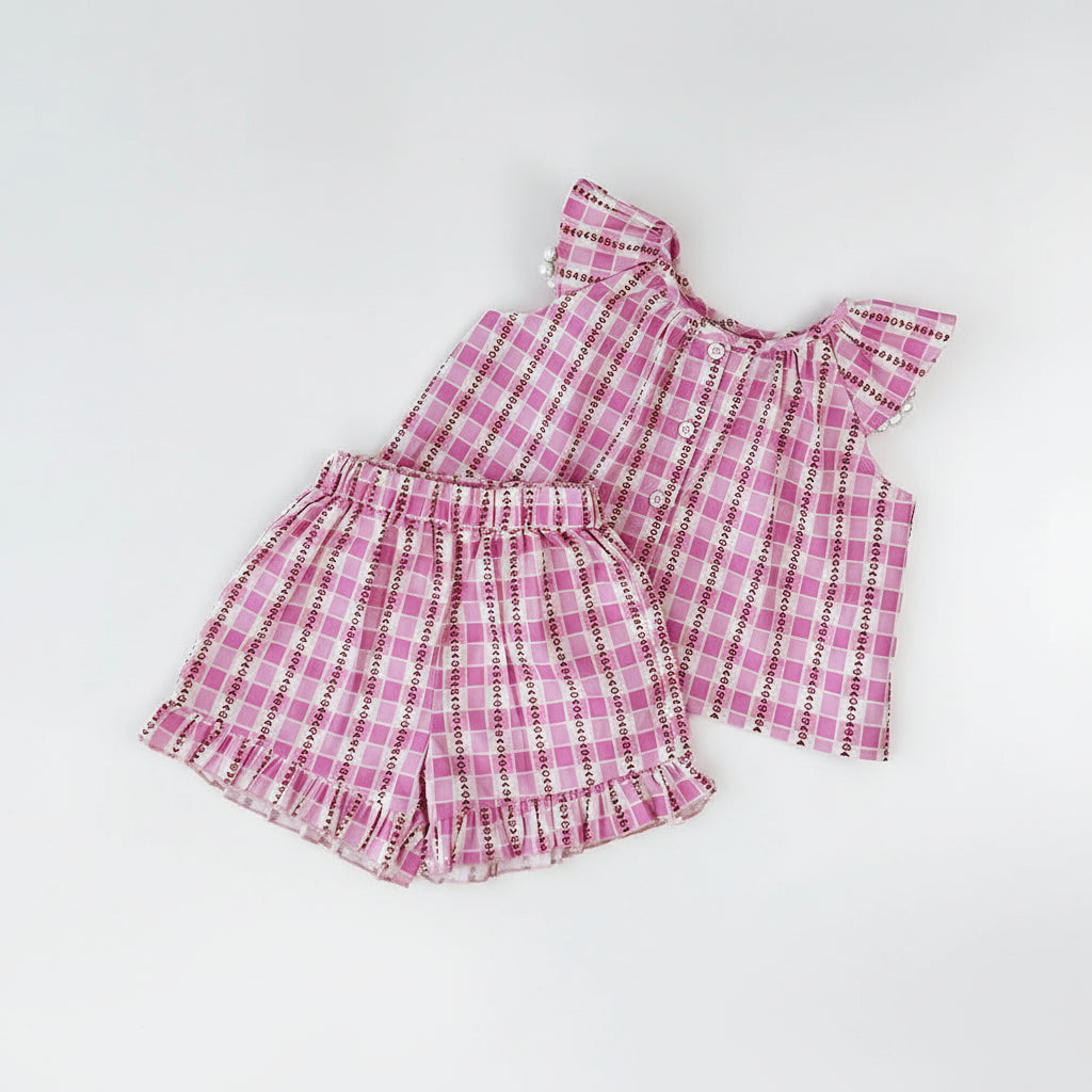 100% Cotton Pink Plaid Ruffle Sleeve Top & Shorts Set