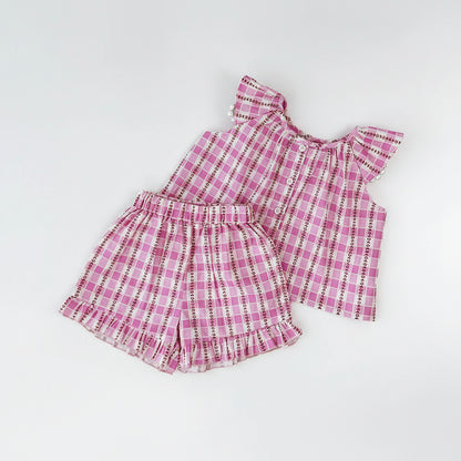100% Cotton Pink Plaid Ruffle Sleeve Top & Shorts Set