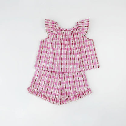 100% Cotton Pink Plaid Ruffle Sleeve Top & Shorts Set