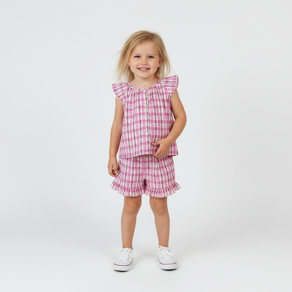 100% Cotton Pink Plaid Ruffle Sleeve Top & Shorts Set