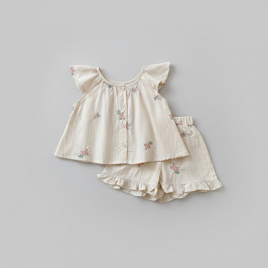 100% Cotton Ruffled Sleeve Floral Button Top & Shorts Set