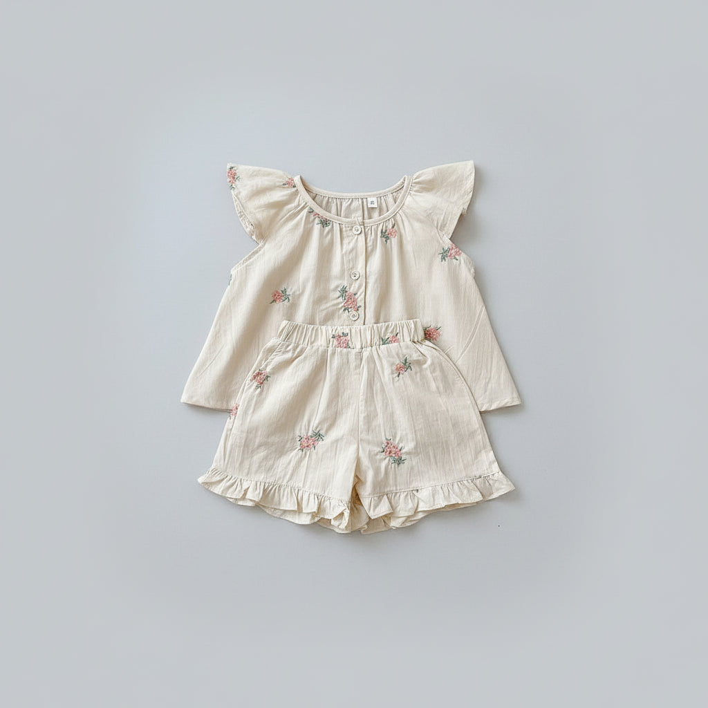 100% Cotton Ruffled Sleeve Floral Button Top & Shorts Set