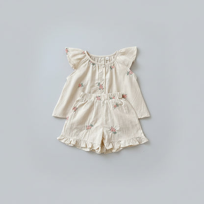 100% Cotton Ruffled Sleeve Floral Button Top & Shorts Set