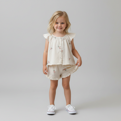 100% Cotton Ruffled Sleeve Floral Button Top & Shorts Set