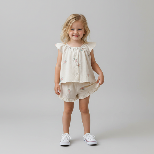 100% Cotton Ruffled Sleeve Floral Button Top & Shorts Set