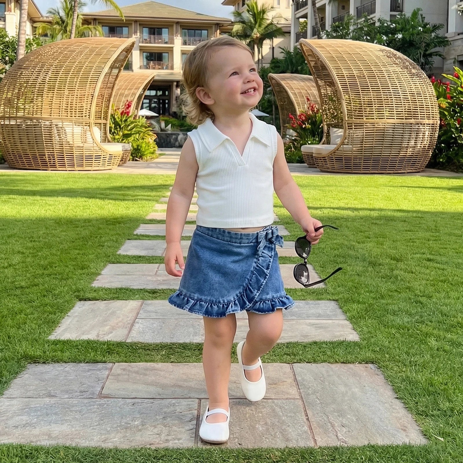 Cotton White Ribbed Collar Tank Top & Ruffle Denim Skirt Set