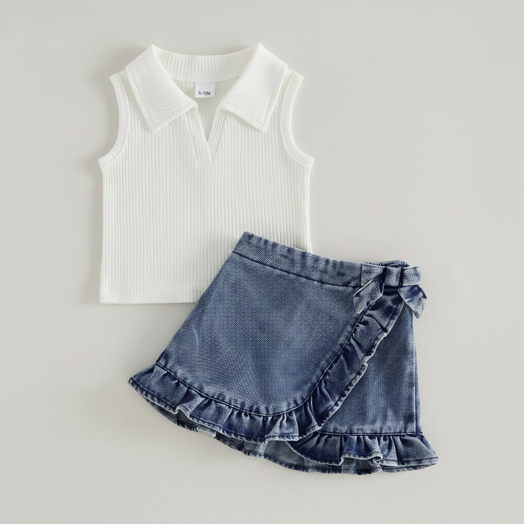 Cotton White Ribbed Collar Tank Top & Ruffle Denim Skirt Set