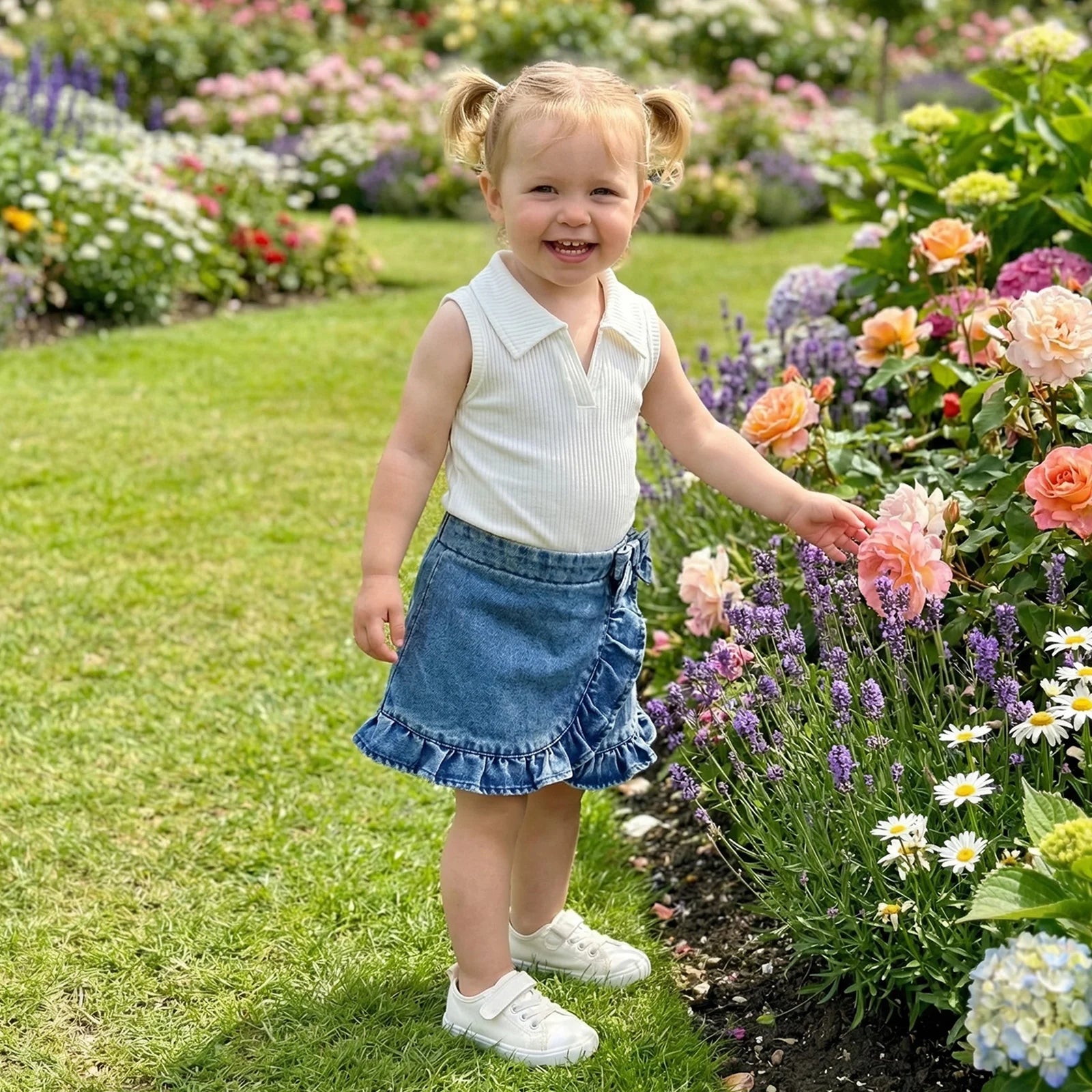 Cotton White Ribbed Collar Tank Top & Ruffle Denim Skirt Set