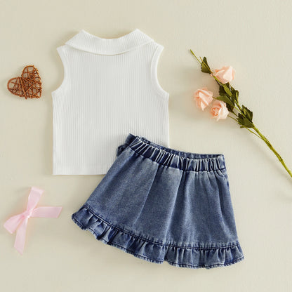 Cotton White Ribbed Collar Tank Top & Ruffle Denim Skirt Set