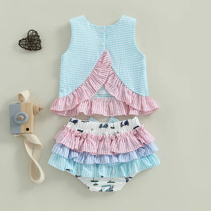 Cotton Striped Ruffle Top & Layered Skirt Set with Bow