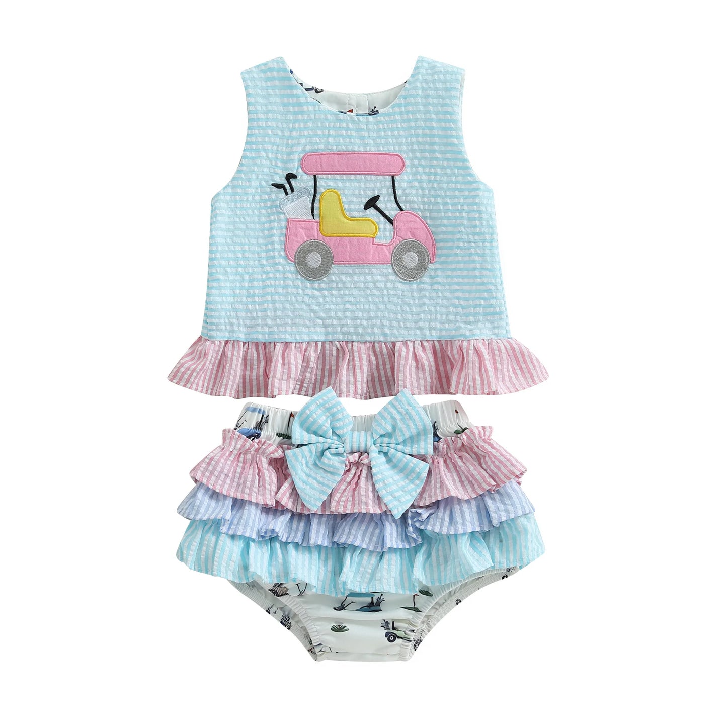Cotton Striped Ruffle Top & Layered Skirt Set with Bow