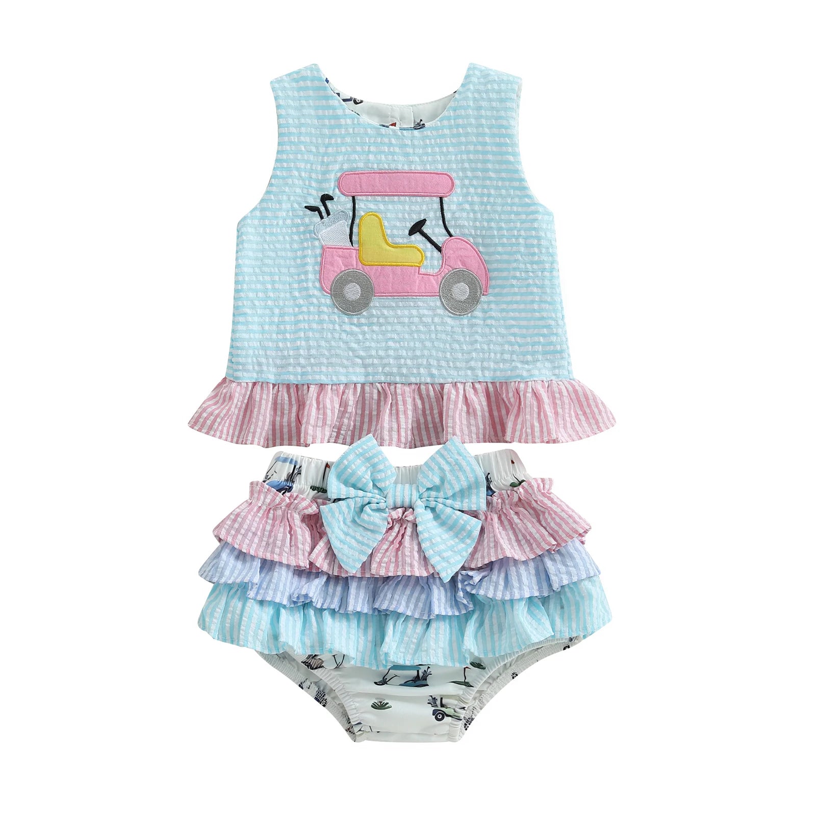Cotton Striped Ruffle Top & Layered Skirt Set with Bow