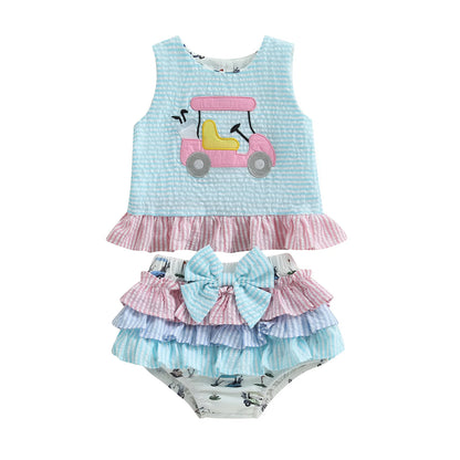 Cotton Striped Ruffle Top & Layered Skirt Set with Bow
