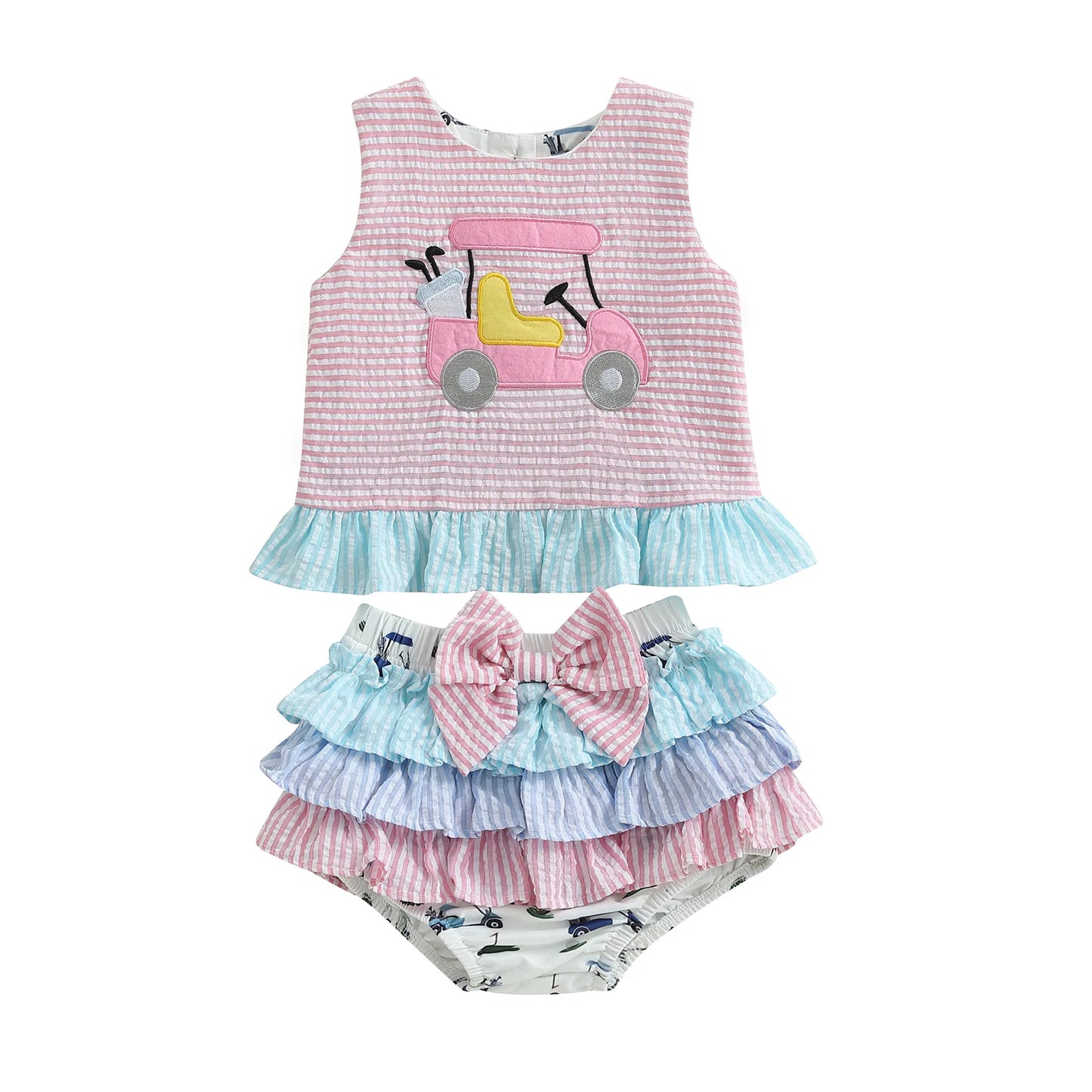 Cotton Striped Ruffle Top & Layered Skirt Set with Bow