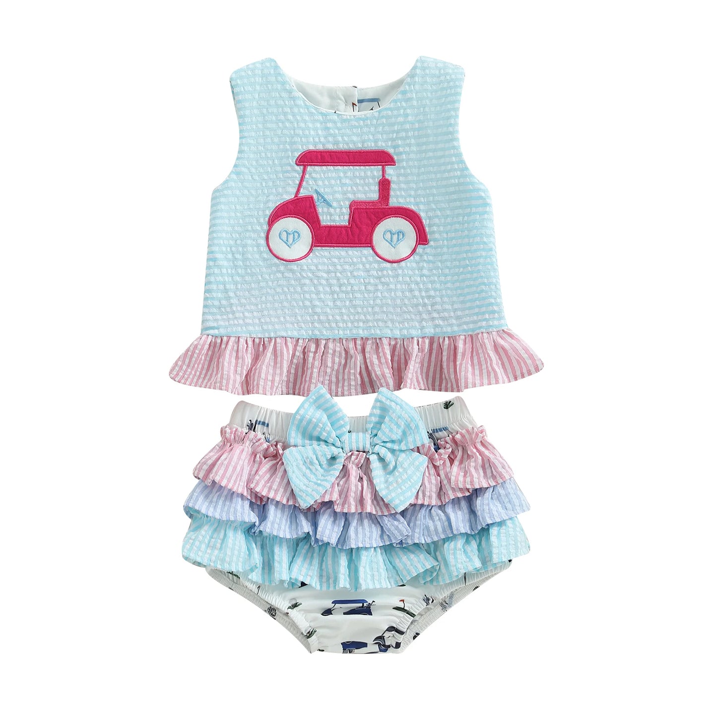Cotton Striped Ruffle Top & Layered Skirt Set with Bow