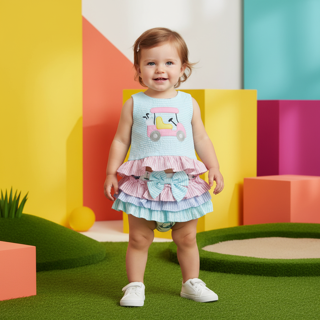 Cotton Striped Ruffle Top & Layered Skirt Set with Bow