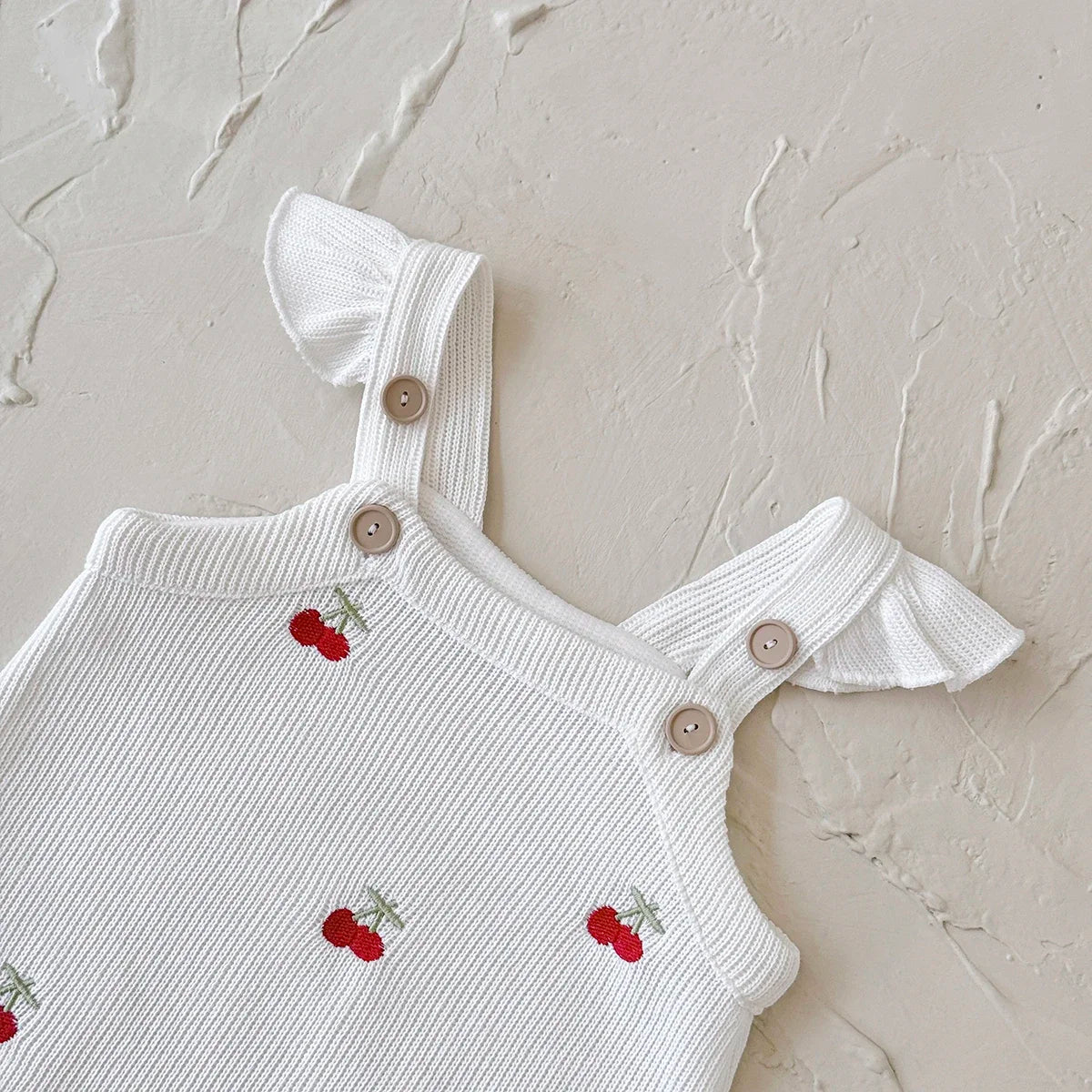Baby Cherry Knit Romper – Sleeveless Embroidered Overall