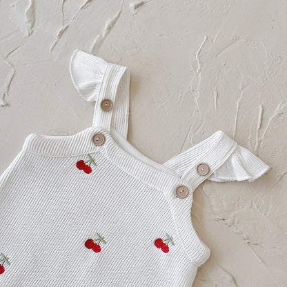 Baby Cherry Knit Romper – Sleeveless Embroidered Overall