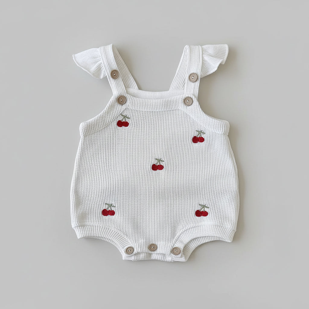 Baby Cherry Knit Romper – Sleeveless Embroidered Overall