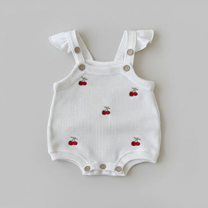 Baby Cherry Knit Romper – Sleeveless Embroidered Overall