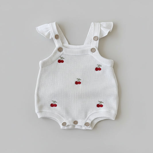 Baby Cherry Knit Romper – Sleeveless Embroidered Overall