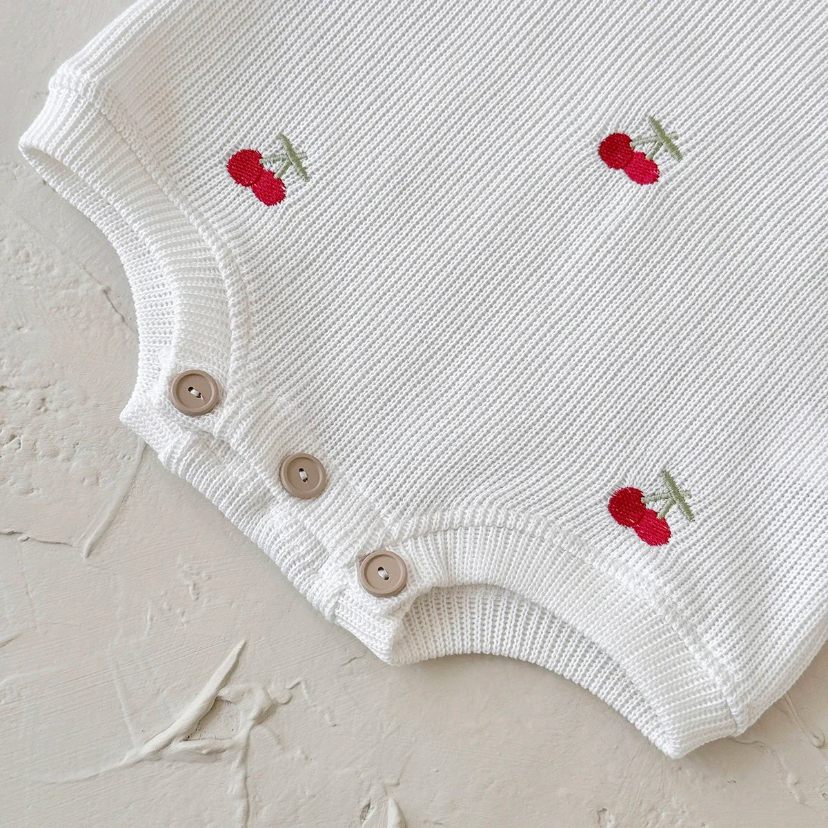 Baby Cherry Knit Romper – Sleeveless Embroidered Overall
