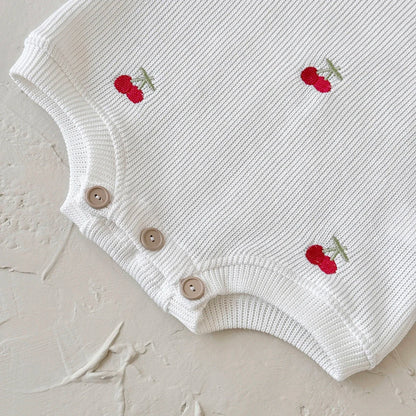 Baby Cherry Knit Romper – Sleeveless Embroidered Overall