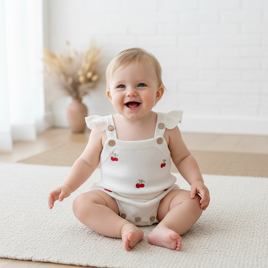 Baby Cherry Knit Romper – Sleeveless Embroidered Overall