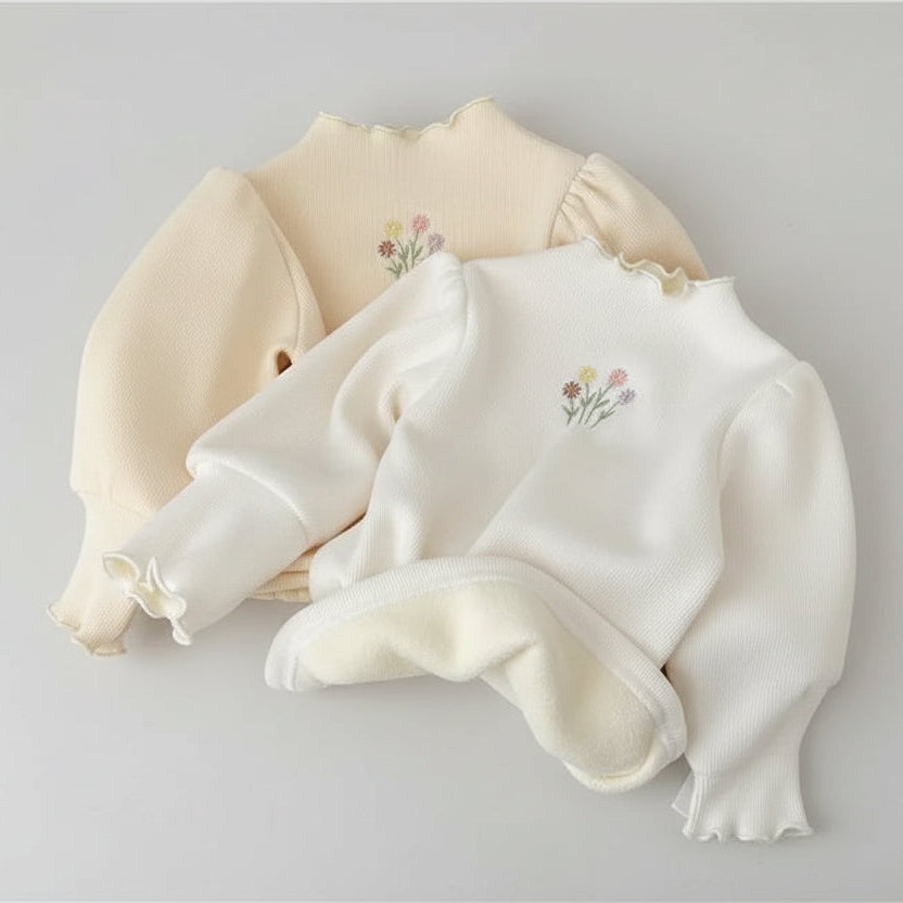 White Puff Sleeve Sweater With Floral Embroidery