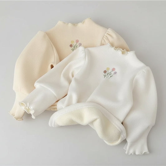 White Puff Sleeve Sweater With Floral Embroidery