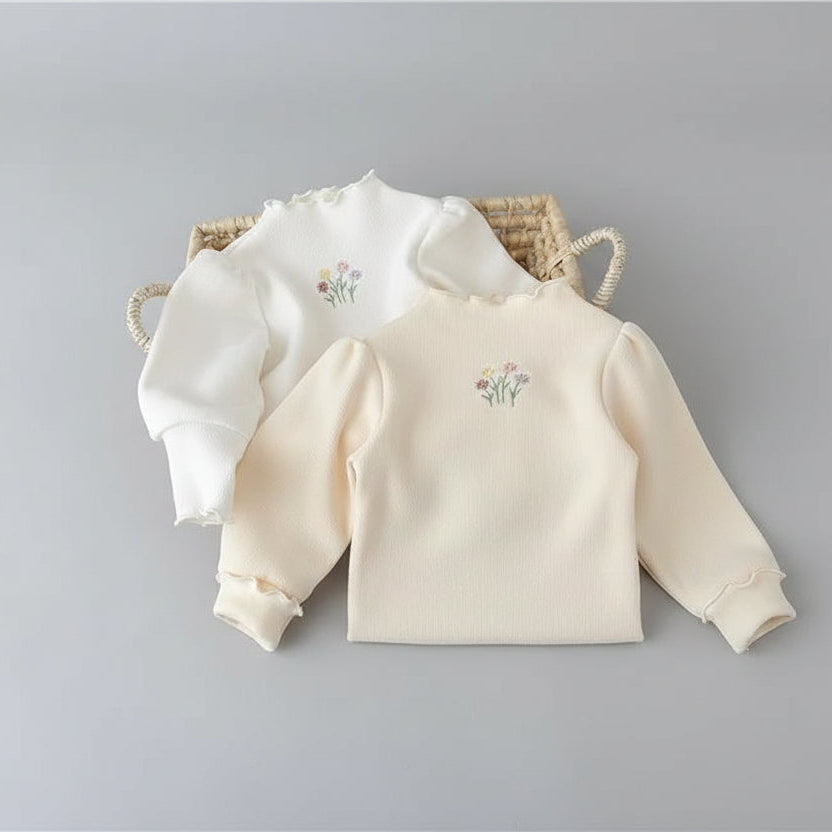 White Puff Sleeve Sweater With Floral Embroidery