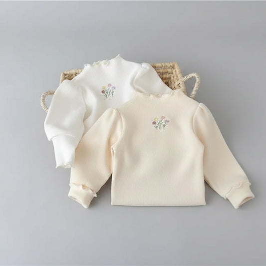 White Puff Sleeve Sweater With Floral Embroidery