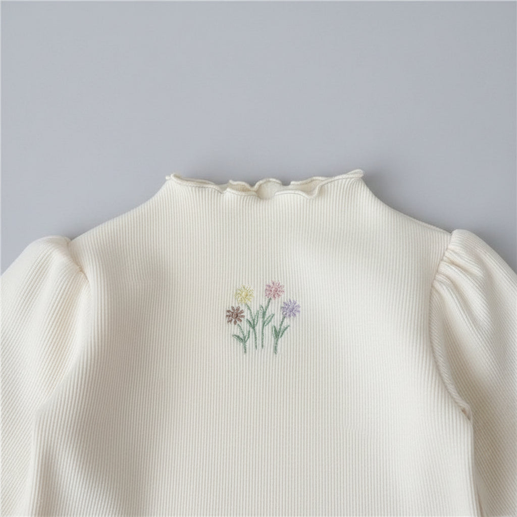 White Puff Sleeve Sweater With Floral Embroidery
