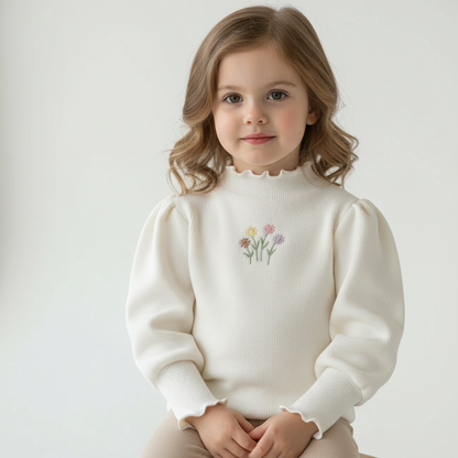 White Puff Sleeve Sweater With Floral Embroidery
