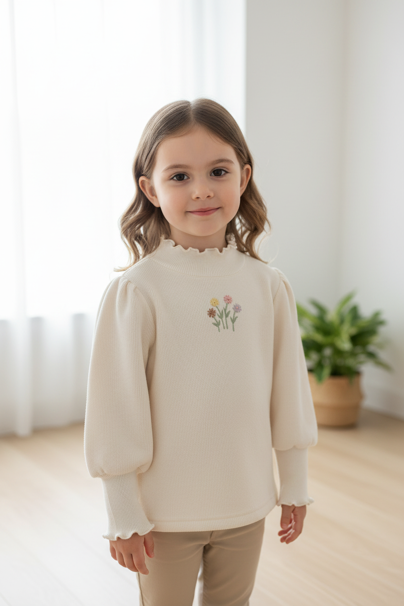 White Puff Sleeve Sweater With Floral Embroidery