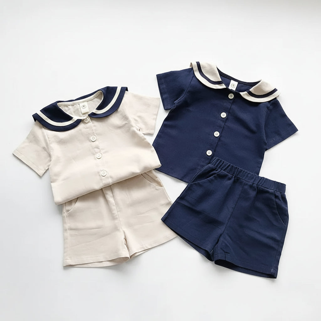 Sailor Collar Buttoned Shirt & Shorts Set