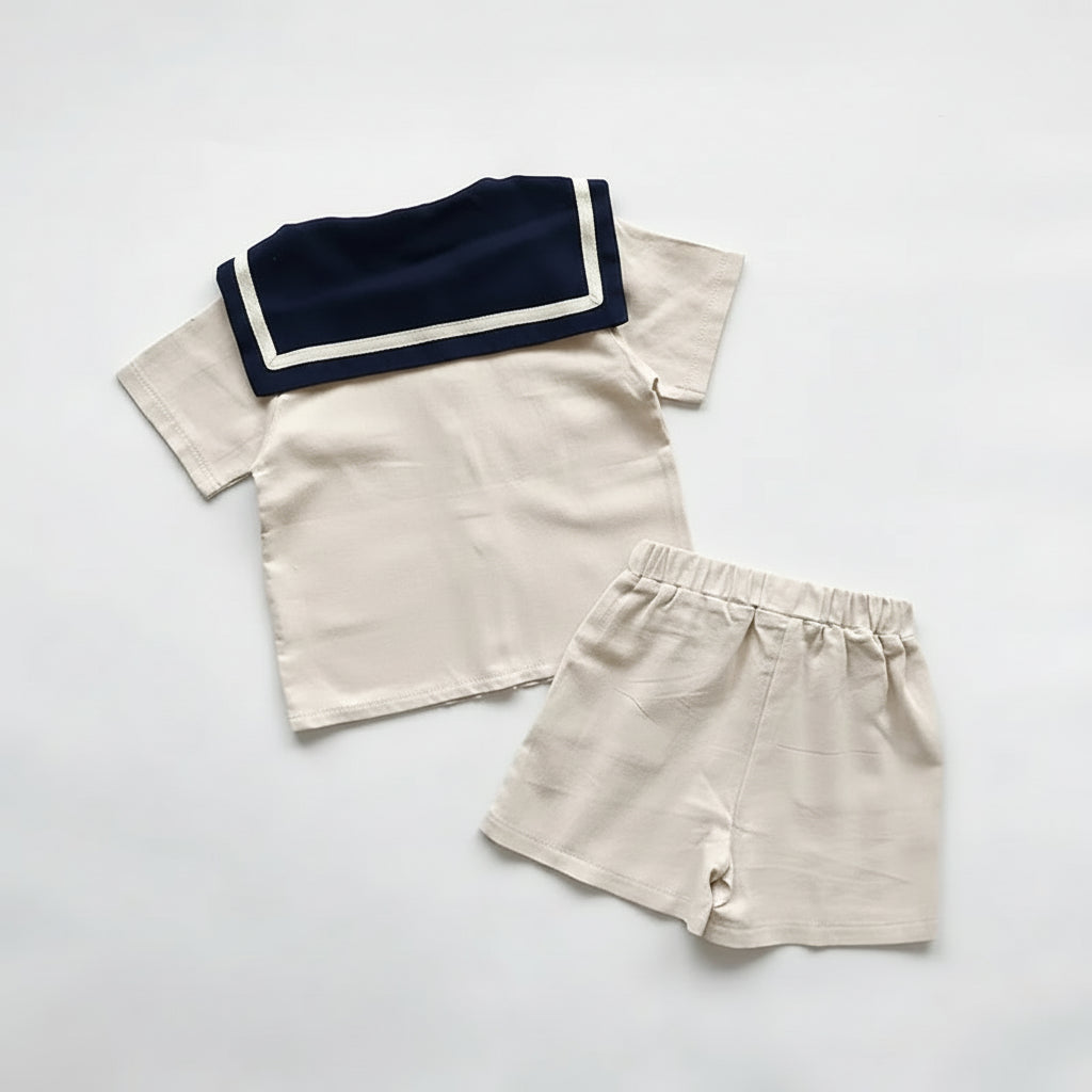 Sailor Collar Buttoned Shirt & Shorts Set