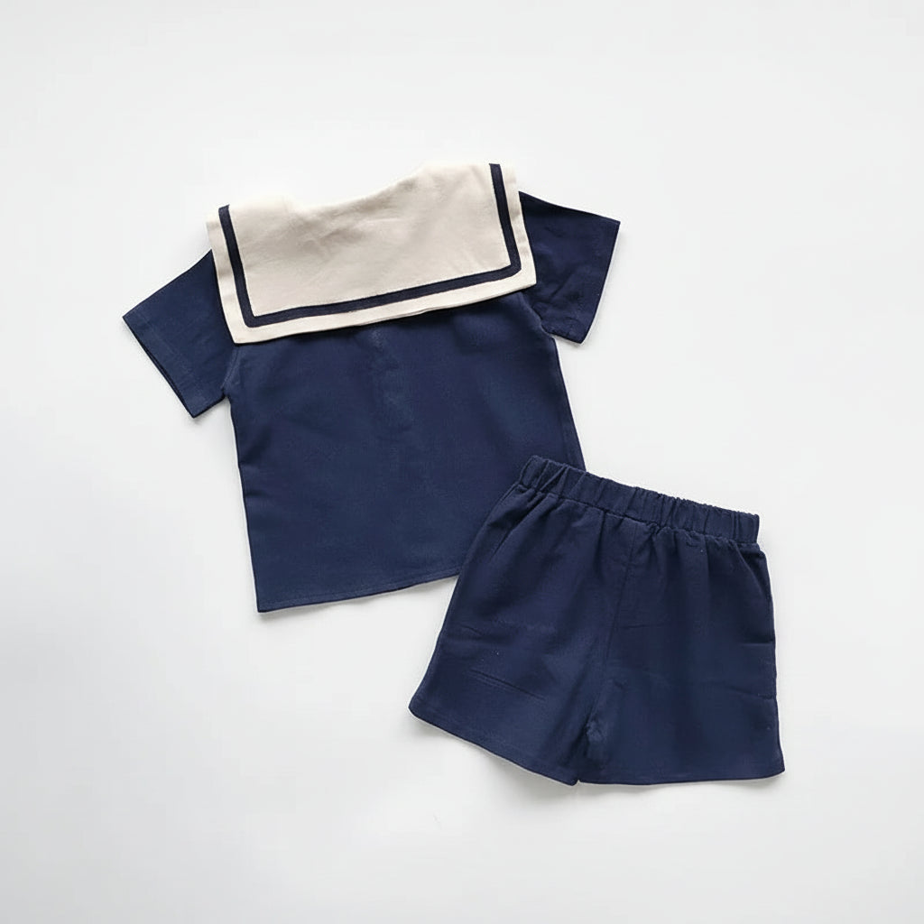 Sailor Collar Buttoned Shirt & Shorts Set