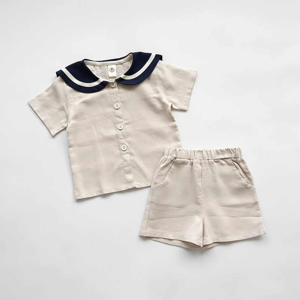 Sailor Collar Buttoned Shirt & Shorts Set
