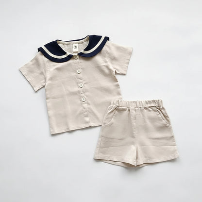 Sailor Collar Buttoned Shirt & Shorts Set