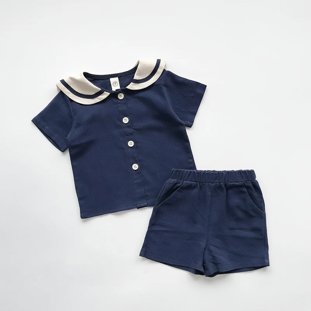 Sailor Collar Buttoned Shirt & Shorts Set