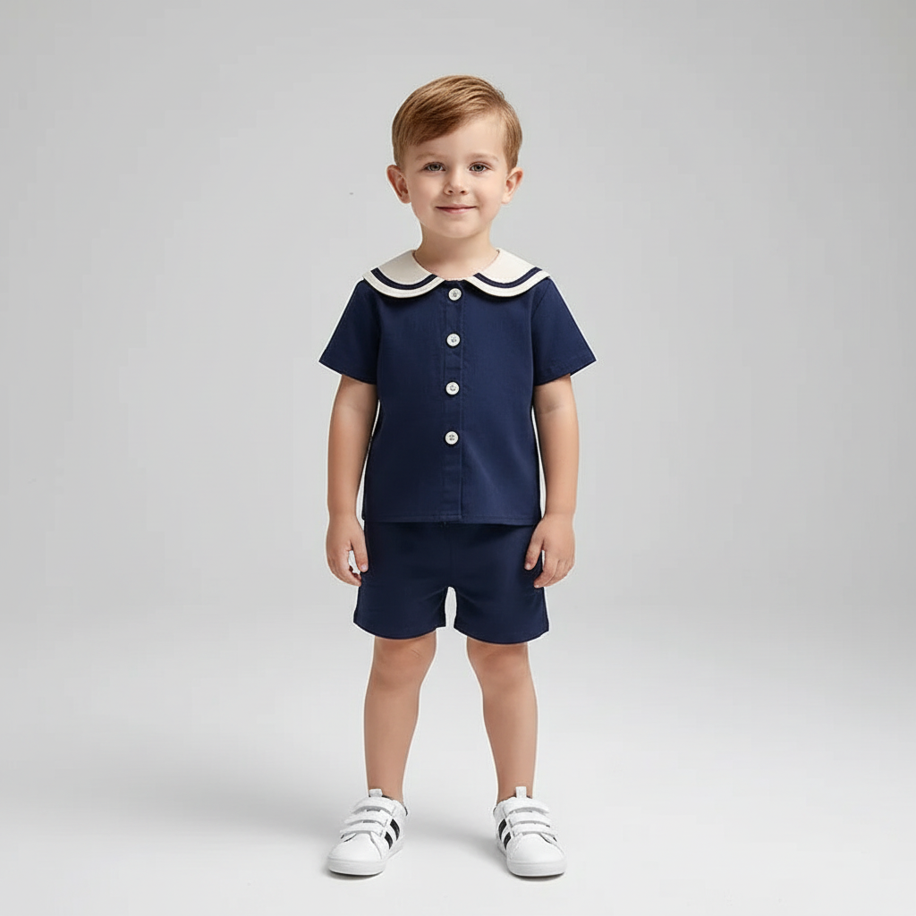 Sailor Collar Buttoned Shirt & Shorts Set