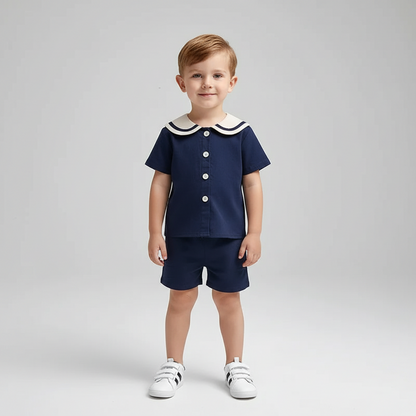 Sailor Collar Buttoned Shirt & Shorts Set
